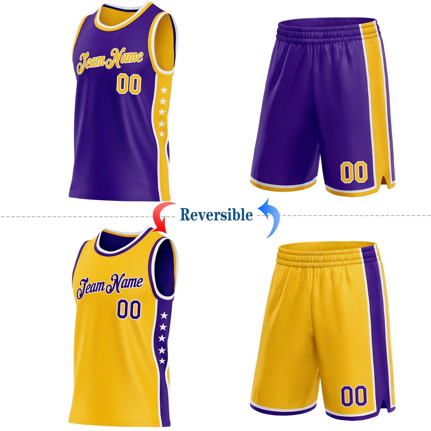 Custom Reversible Purple Gold-White Double Side Star Sublimation Basketball Set Jersey view 2