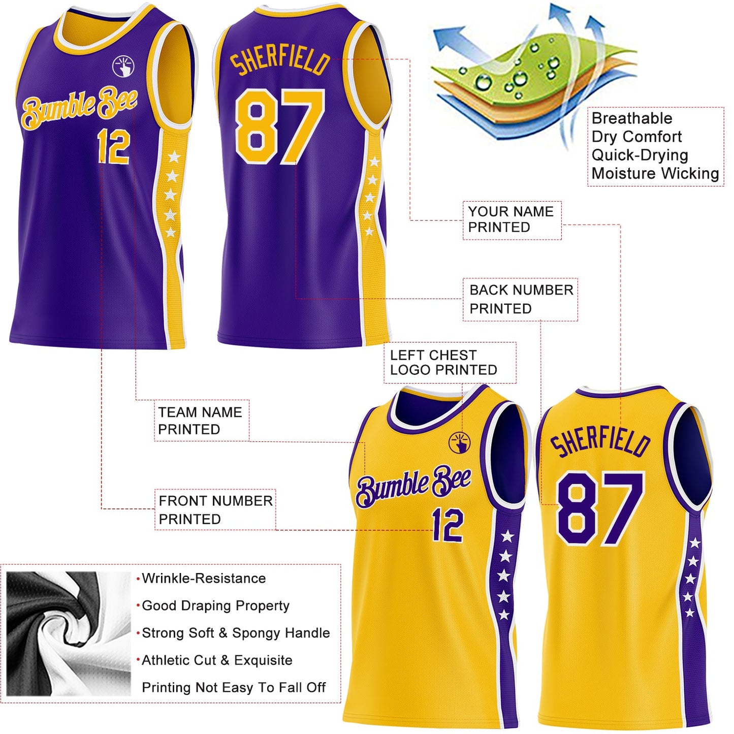 Custom Reversible Purple Gold-White Double Side Star Sublimation Basketball Set Jersey view 5