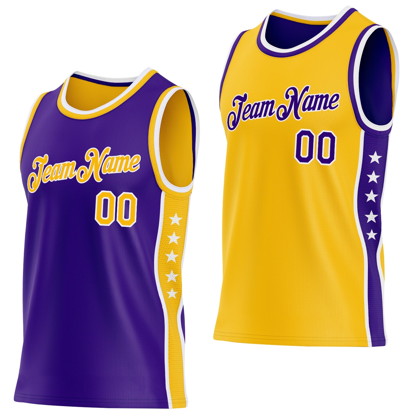 Custom Reversible Purple Gold-White Double Side Star Sublimation Basketball Set Jersey - Main View