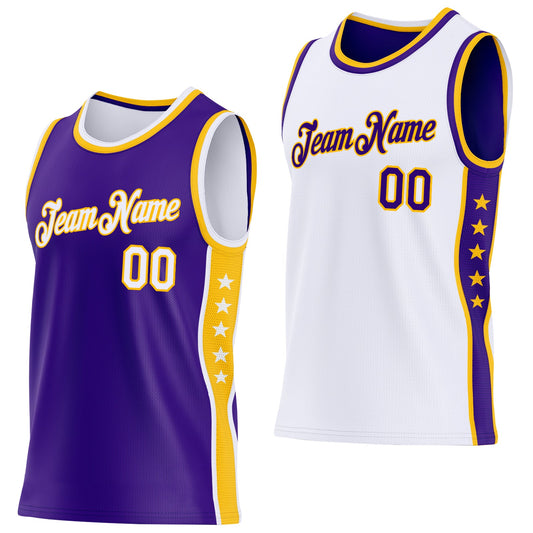 Custom Reversible Purple White-Gold Double Side Star Sublimation Basketball Set Jersey - Main View