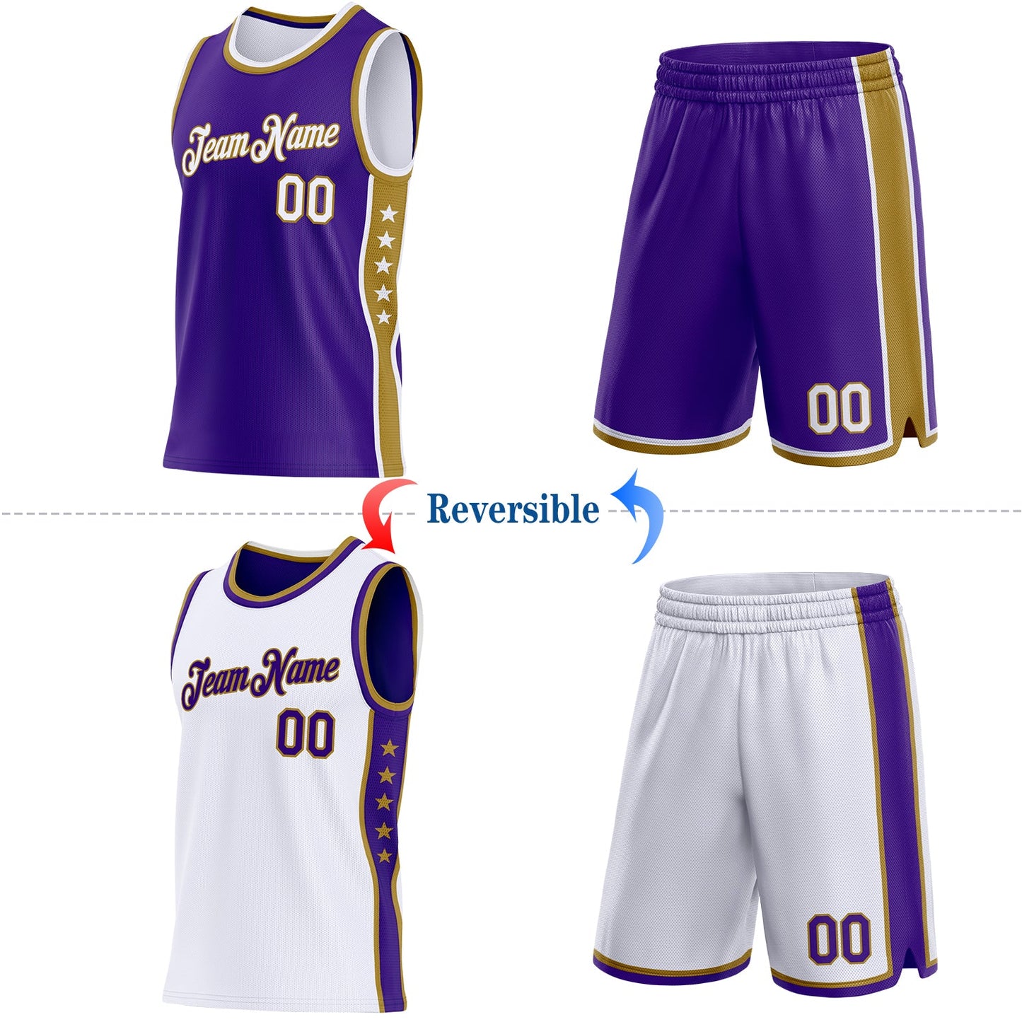 Custom Reversible Purple White-Old Gold Double Side Star Sublimation Basketball Set Jersey view 2