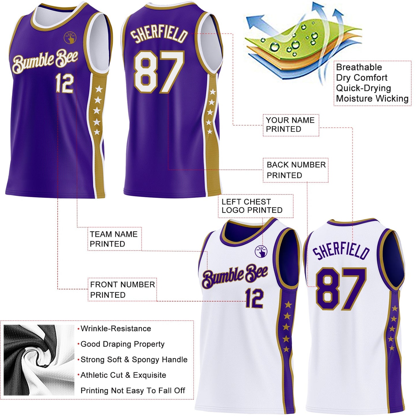 Custom Reversible Purple White-Old Gold Double Side Star Sublimation Basketball Set Jersey view 5