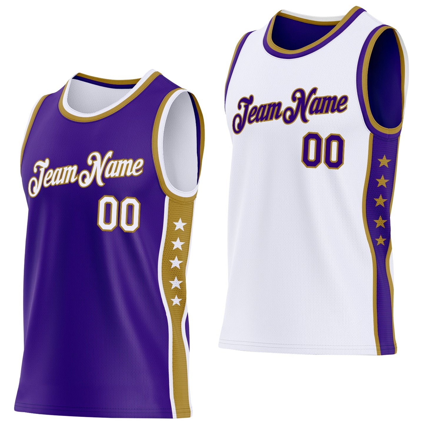 Custom Reversible Purple White-Old Gold Double Side Star Sublimation Basketball Set Jersey - Main View