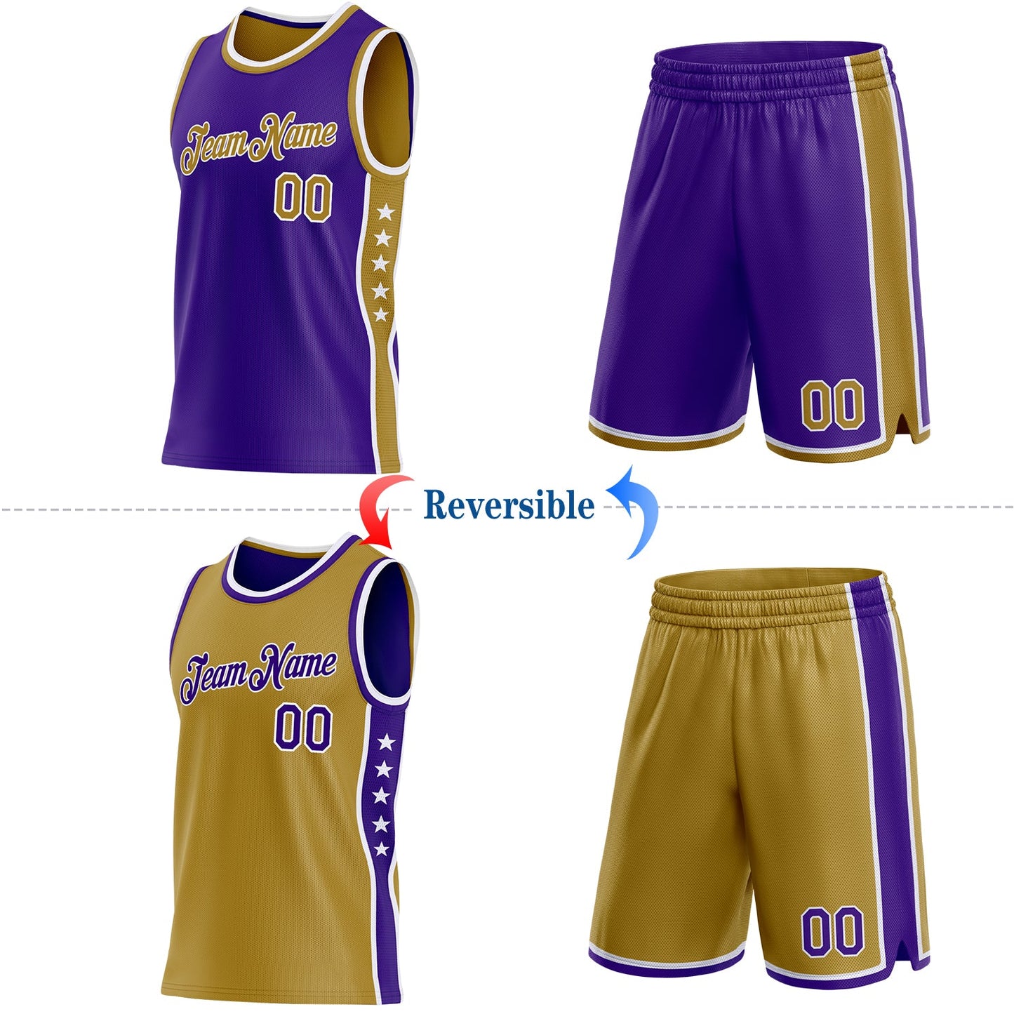 Custom Reversible Purple Old Gold-White Double Side Star Sublimation Basketball Set Jersey view 2