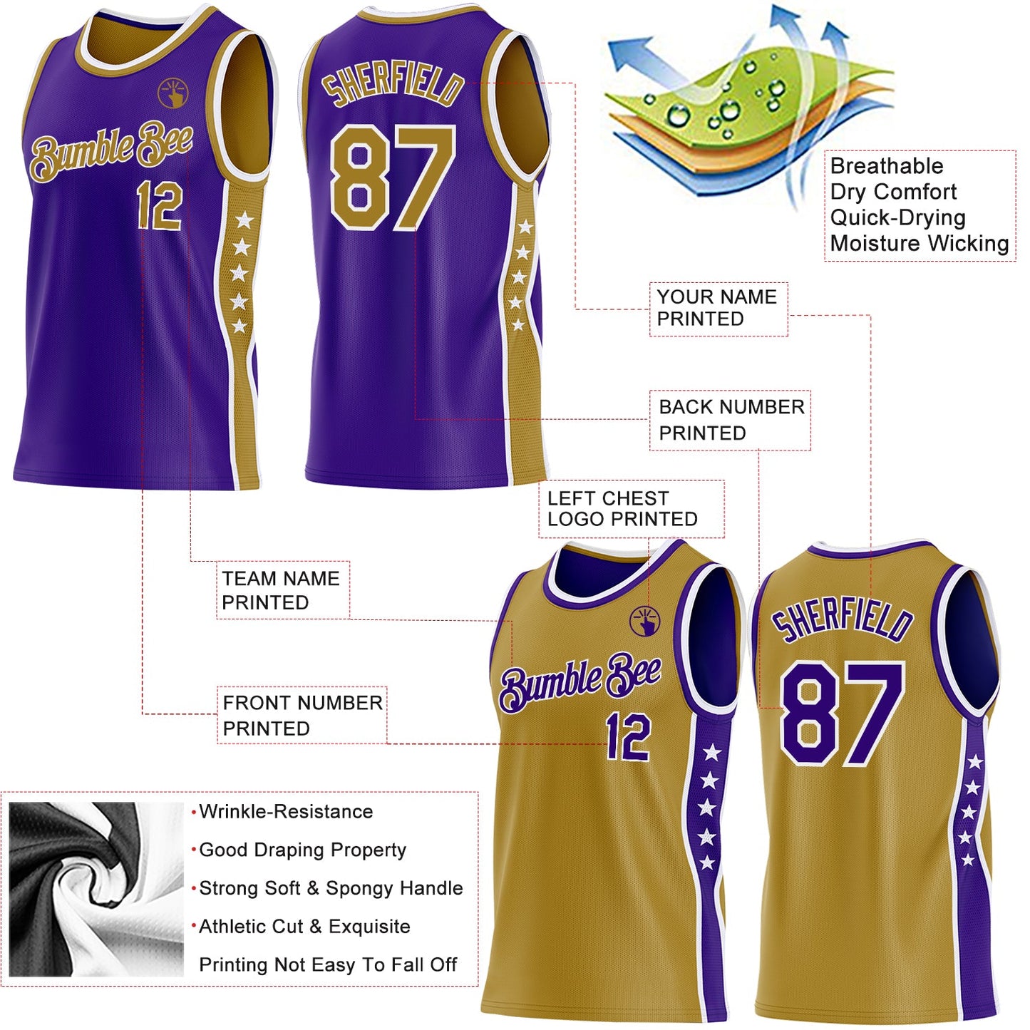 Custom Reversible Purple Old Gold-White Double Side Star Sublimation Basketball Set Jersey view 5