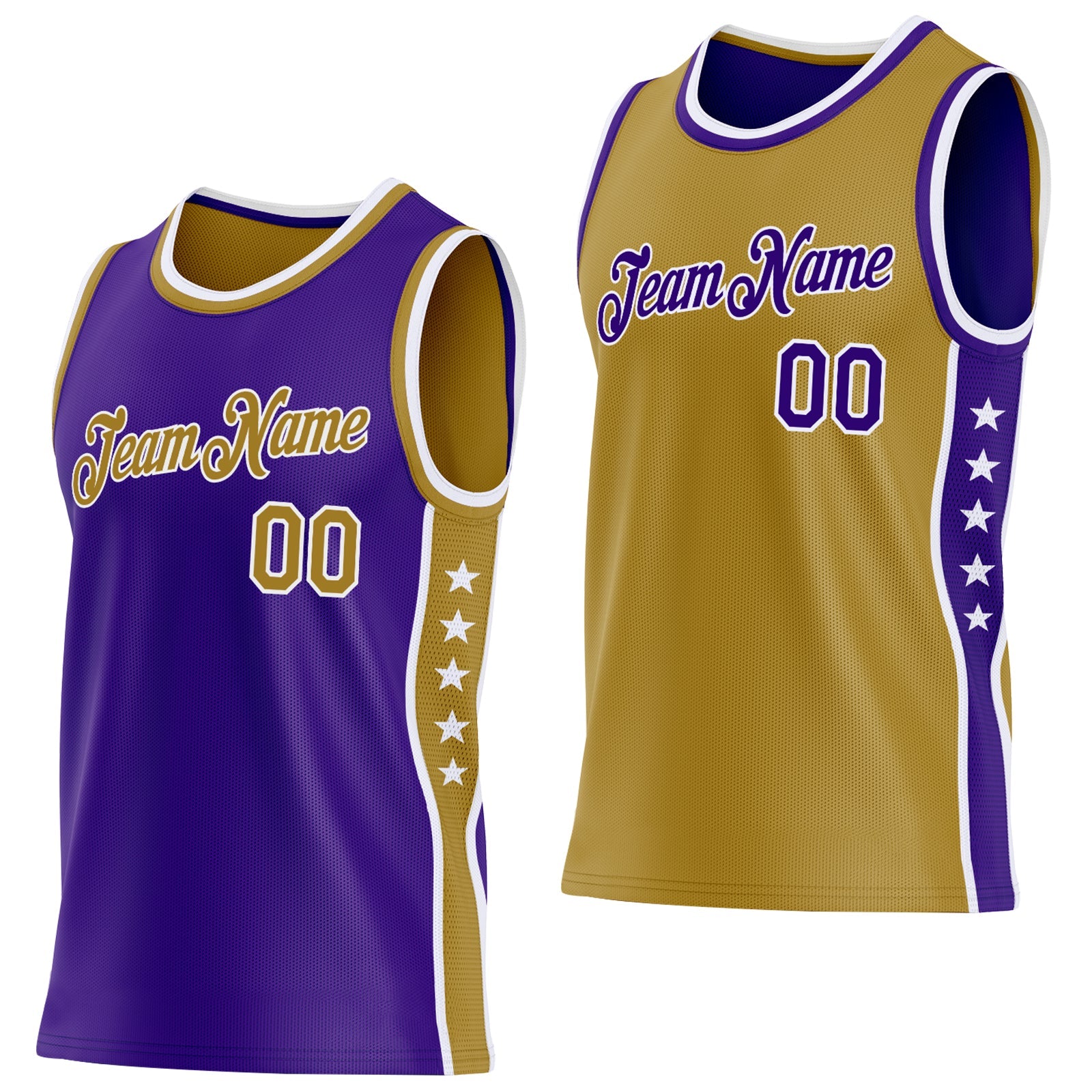 Custom Reversible Purple Old Gold-White Double Side Star Sublimation Basketball Set Jersey - Main View