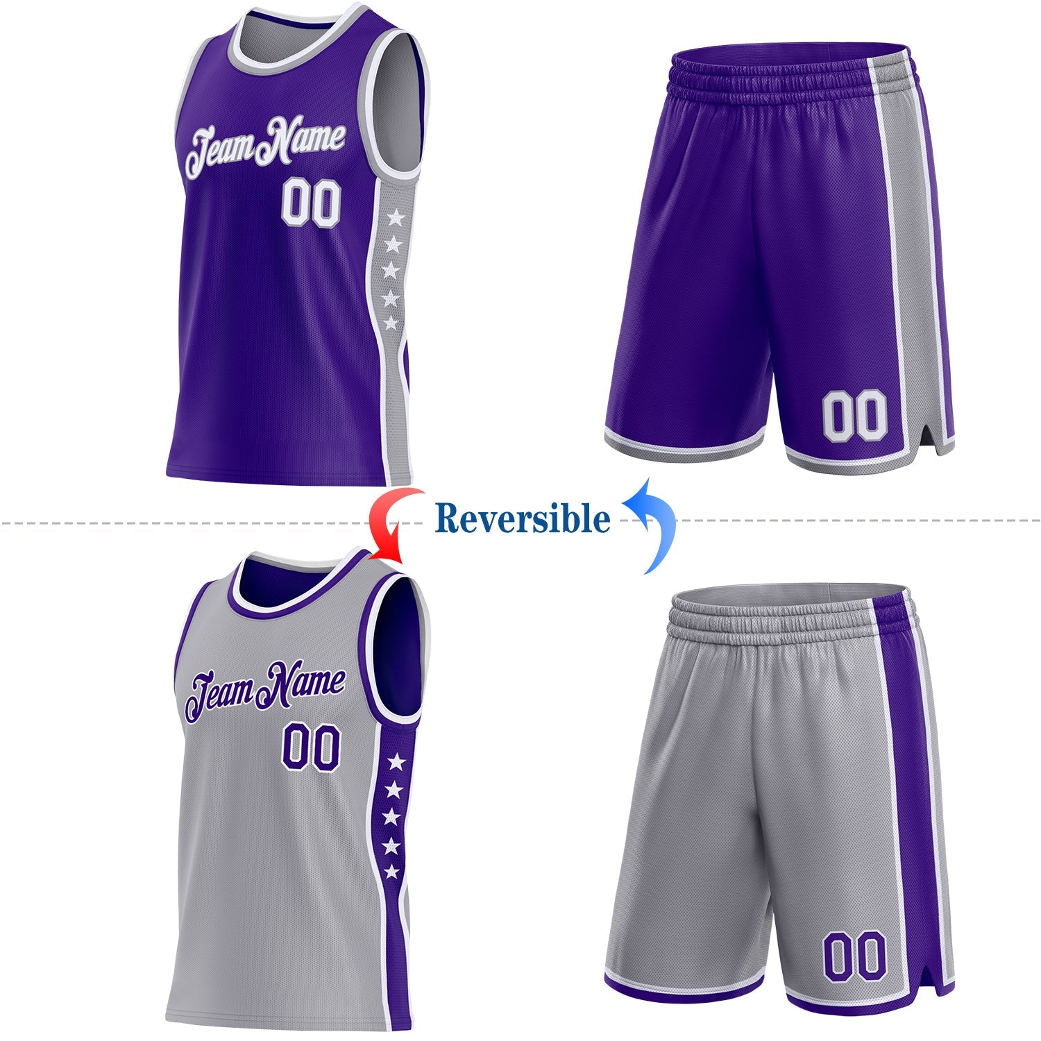 Custom Reversible Purple White-Gray Double Side Star Sublimation Basketball Set Jersey view 2