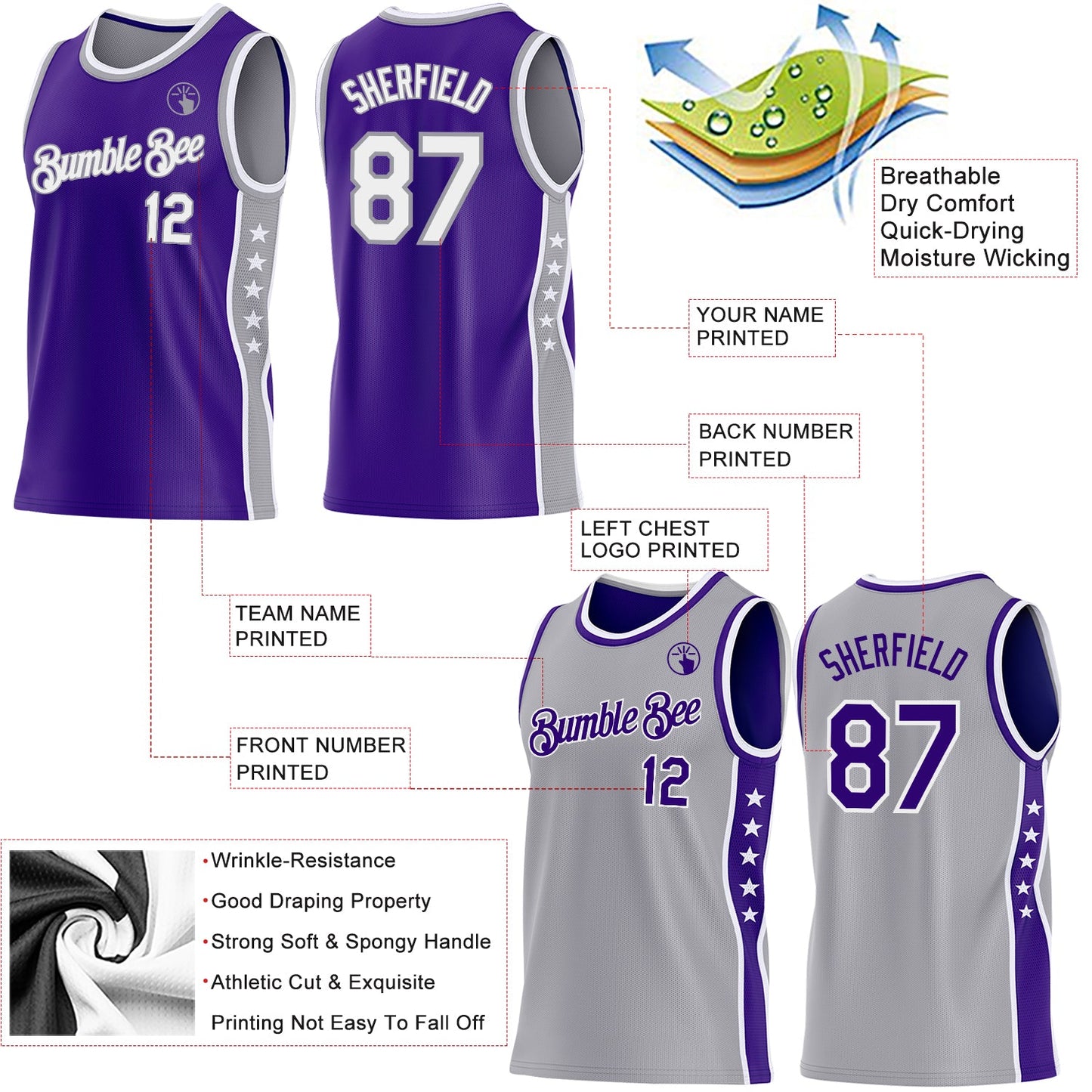 Custom Reversible Purple White-Gray Double Side Star Sublimation Basketball Set Jersey view 5