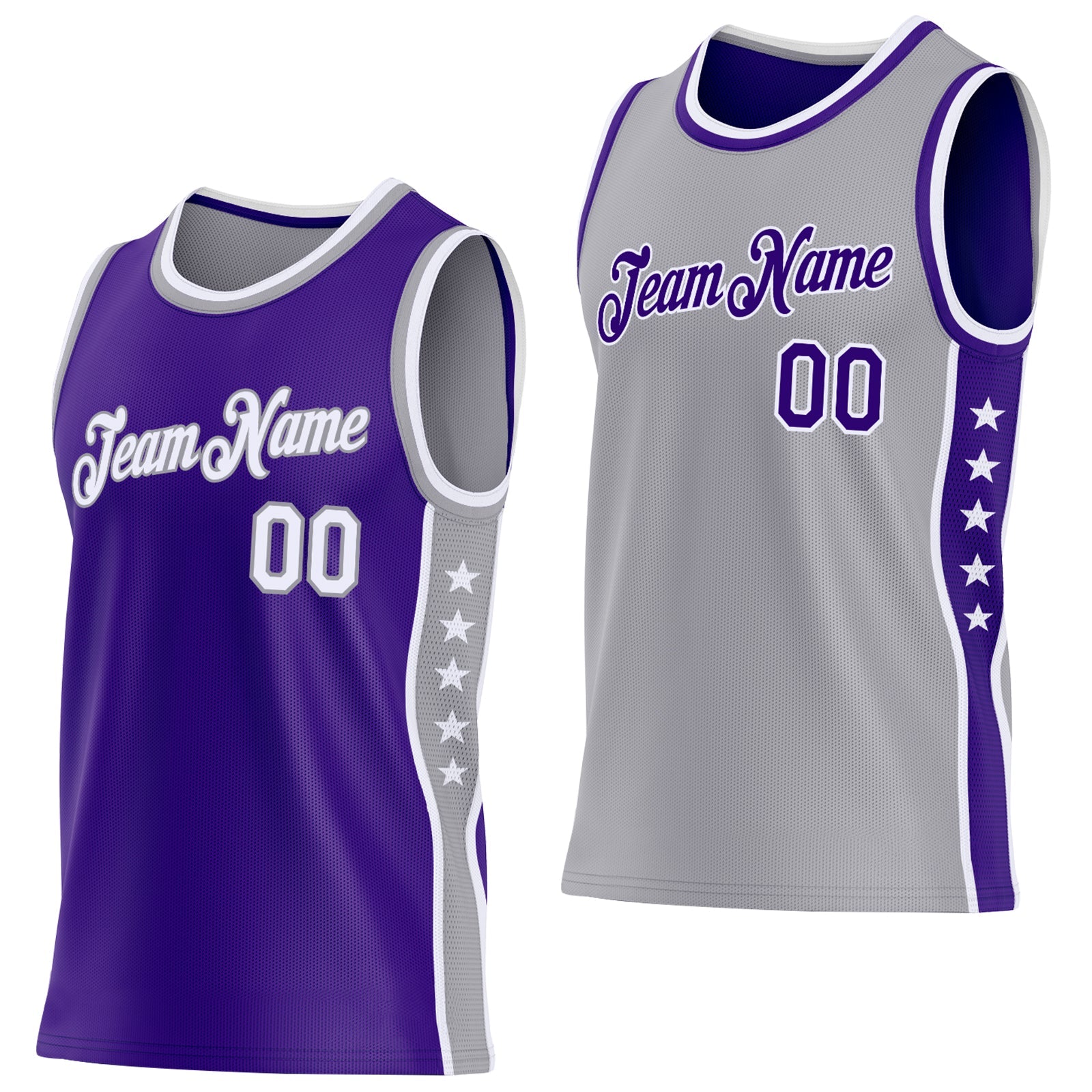 Custom Reversible Purple White-Gray Double Side Star Sublimation Basketball Set Jersey - Main View