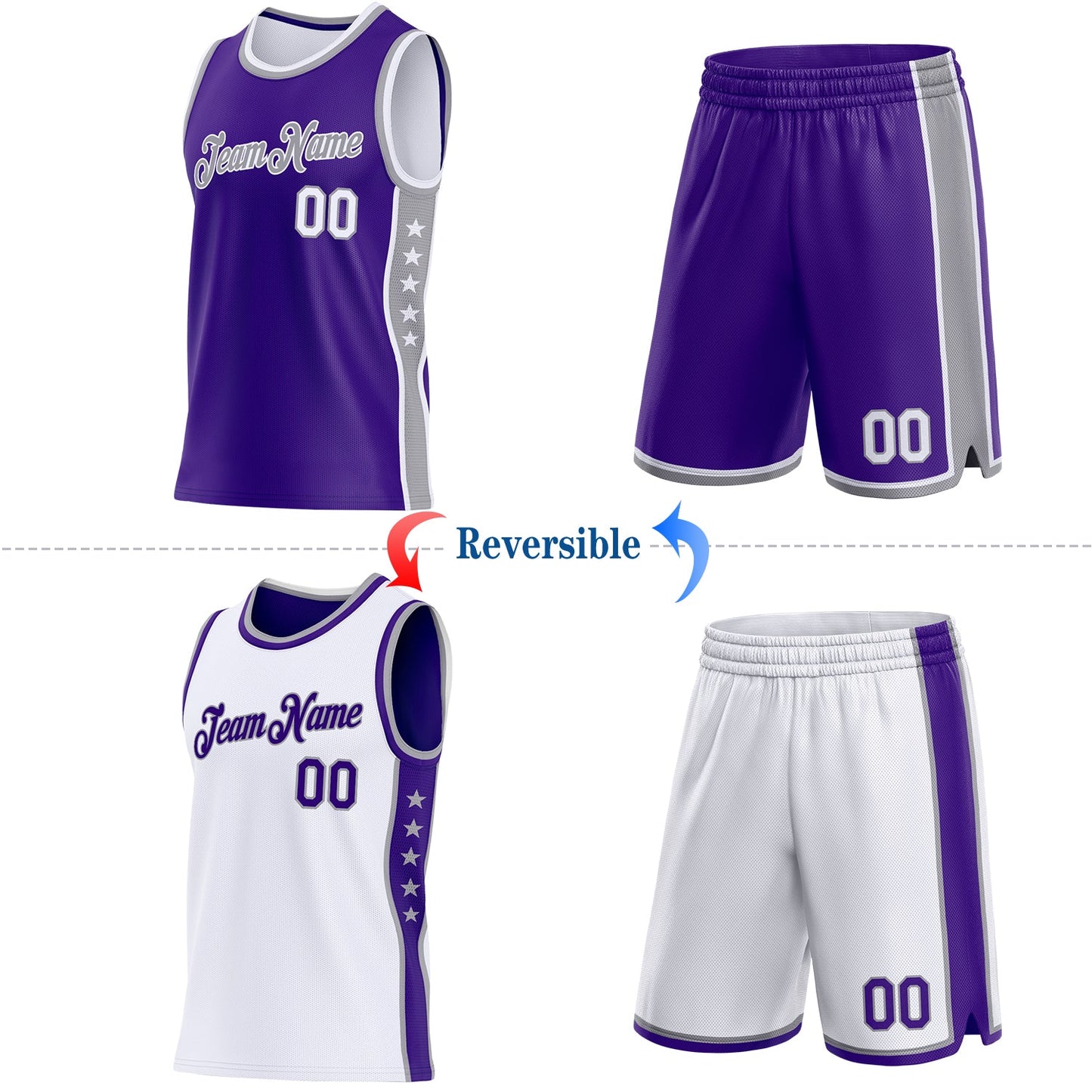 Custom Reversible Purple White-Gray Double Side Star Sublimation Basketball Set Jersey view 2