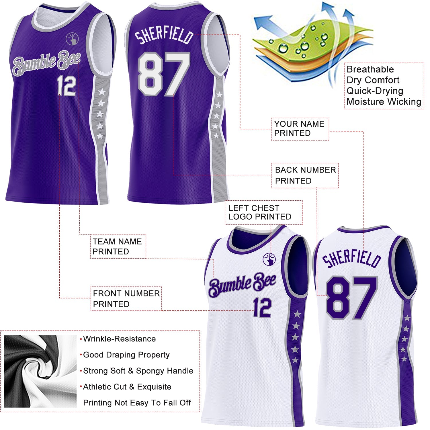 Custom Reversible Purple White-Gray Double Side Star Sublimation Basketball Set Jersey view 5
