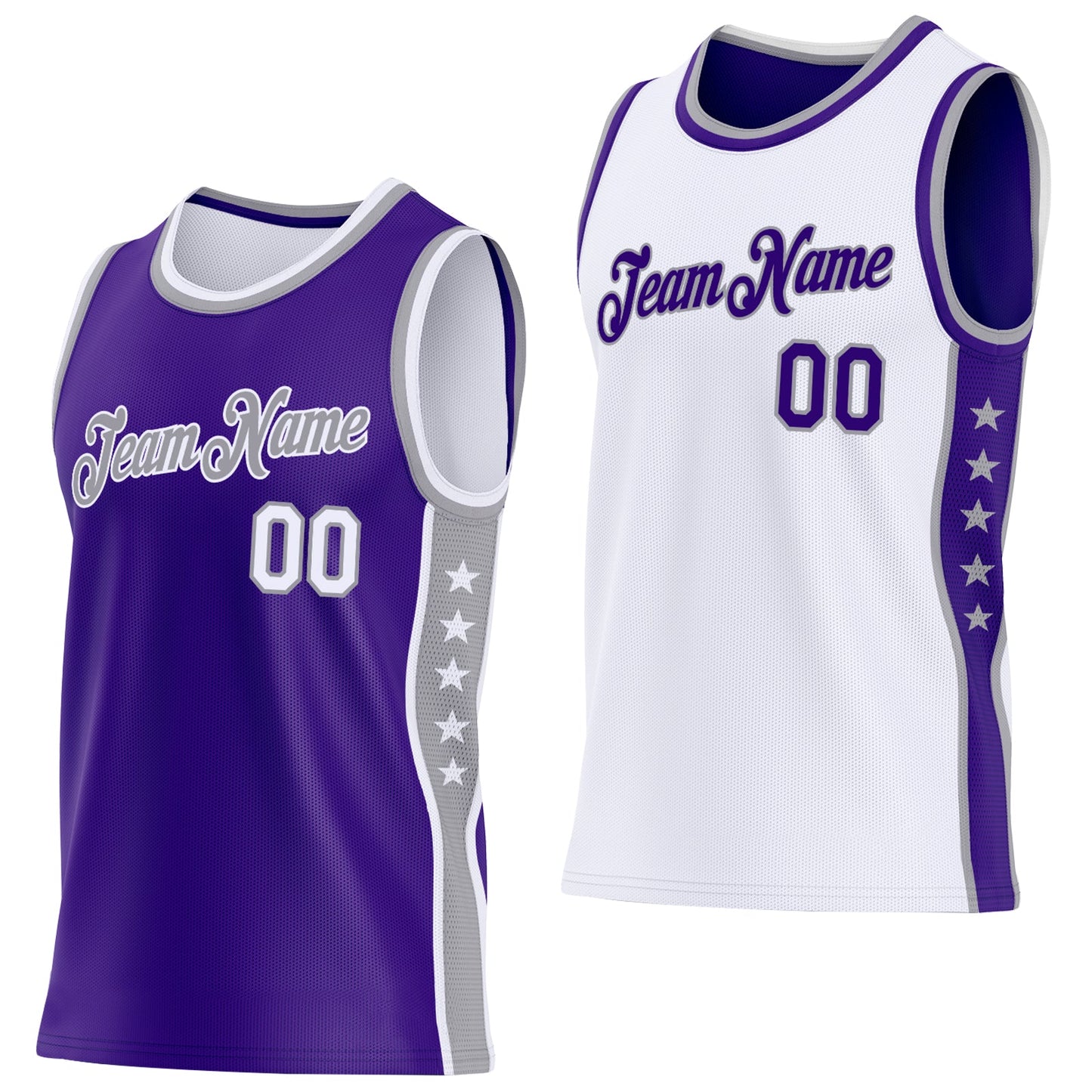 Custom Reversible Purple White-Gray Double Side Star Sublimation Basketball Set Jersey - Main View