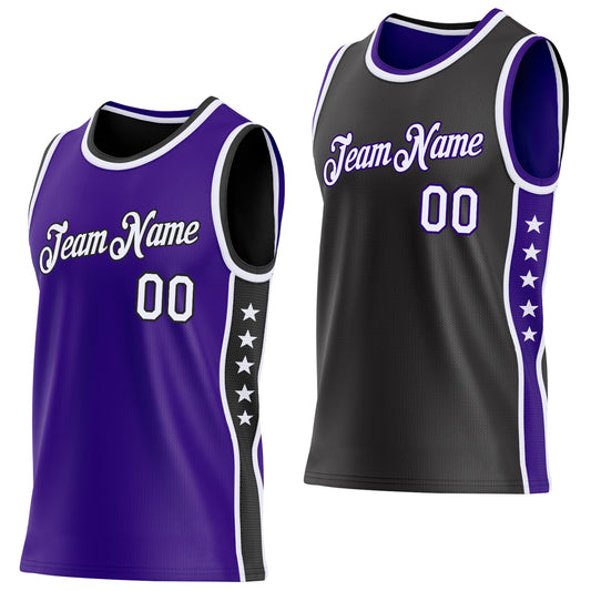 Custom Reversible Purple White-Black Double Side Star Sublimation Basketball Set Jersey - Main View