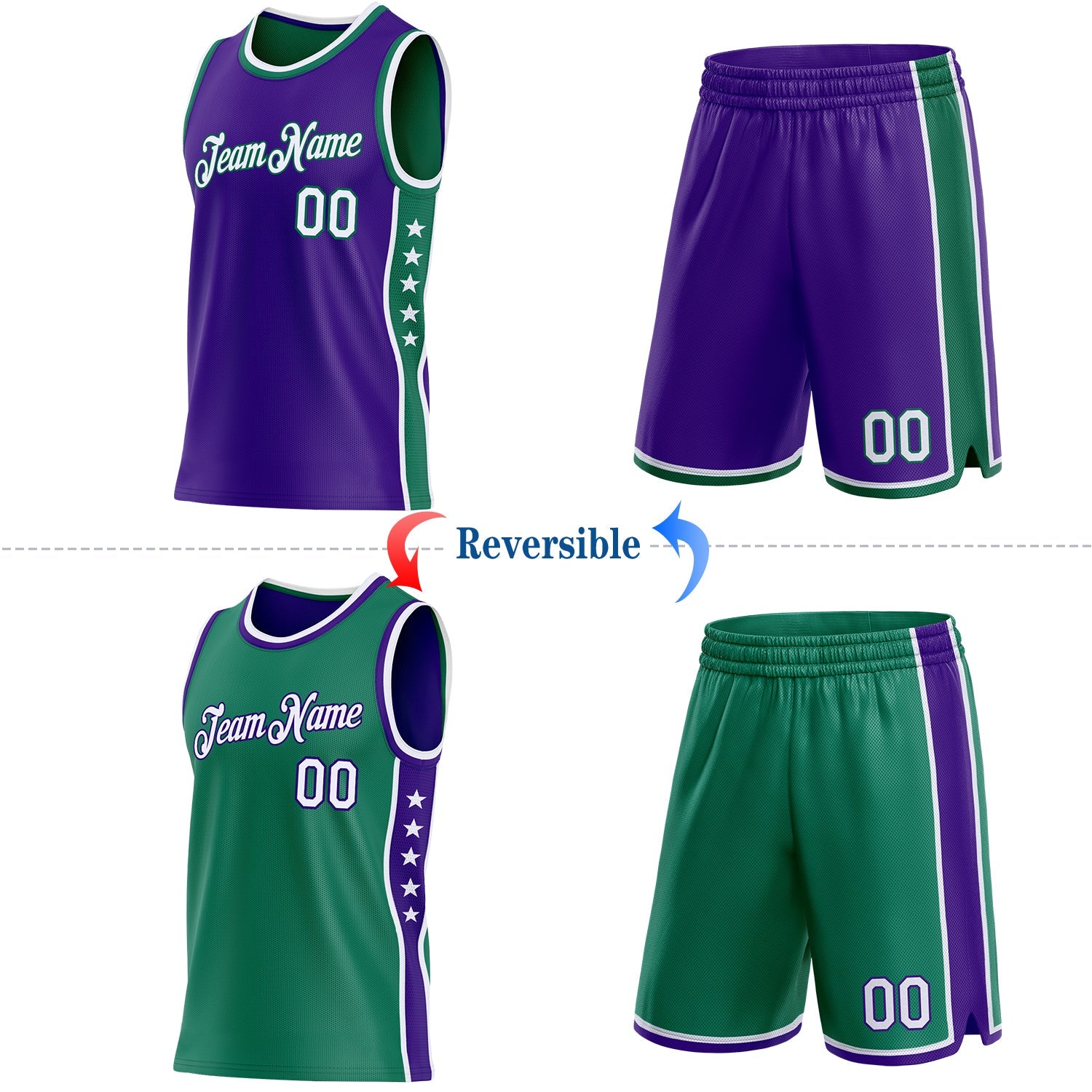 Custom Reversible Purple White-Kelly Green Double Side Star Sublimation Basketball Set Jersey view 2