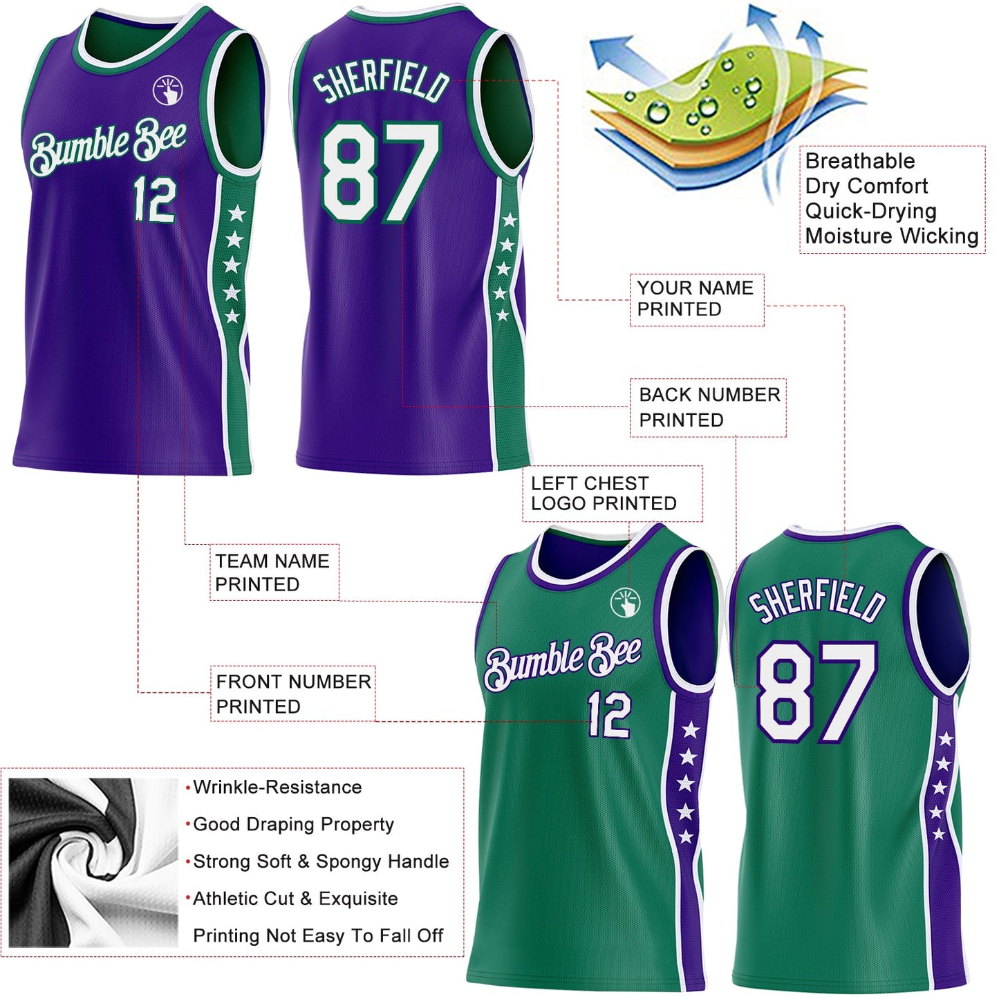 Custom Reversible Purple White-Kelly Green Double Side Star Sublimation Basketball Set Jersey view 5