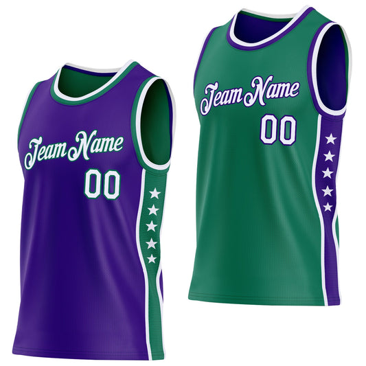 Custom Reversible Purple White-Kelly Green Double Side Star Sublimation Basketball Set Jersey - Main View