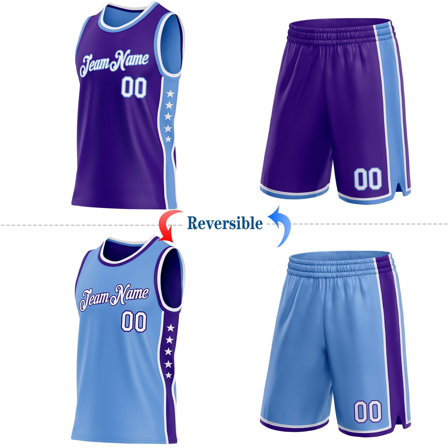 Custom Reversible Purple White-Lakes Blue Double Side Star Sublimation Basketball Set Jersey view 2