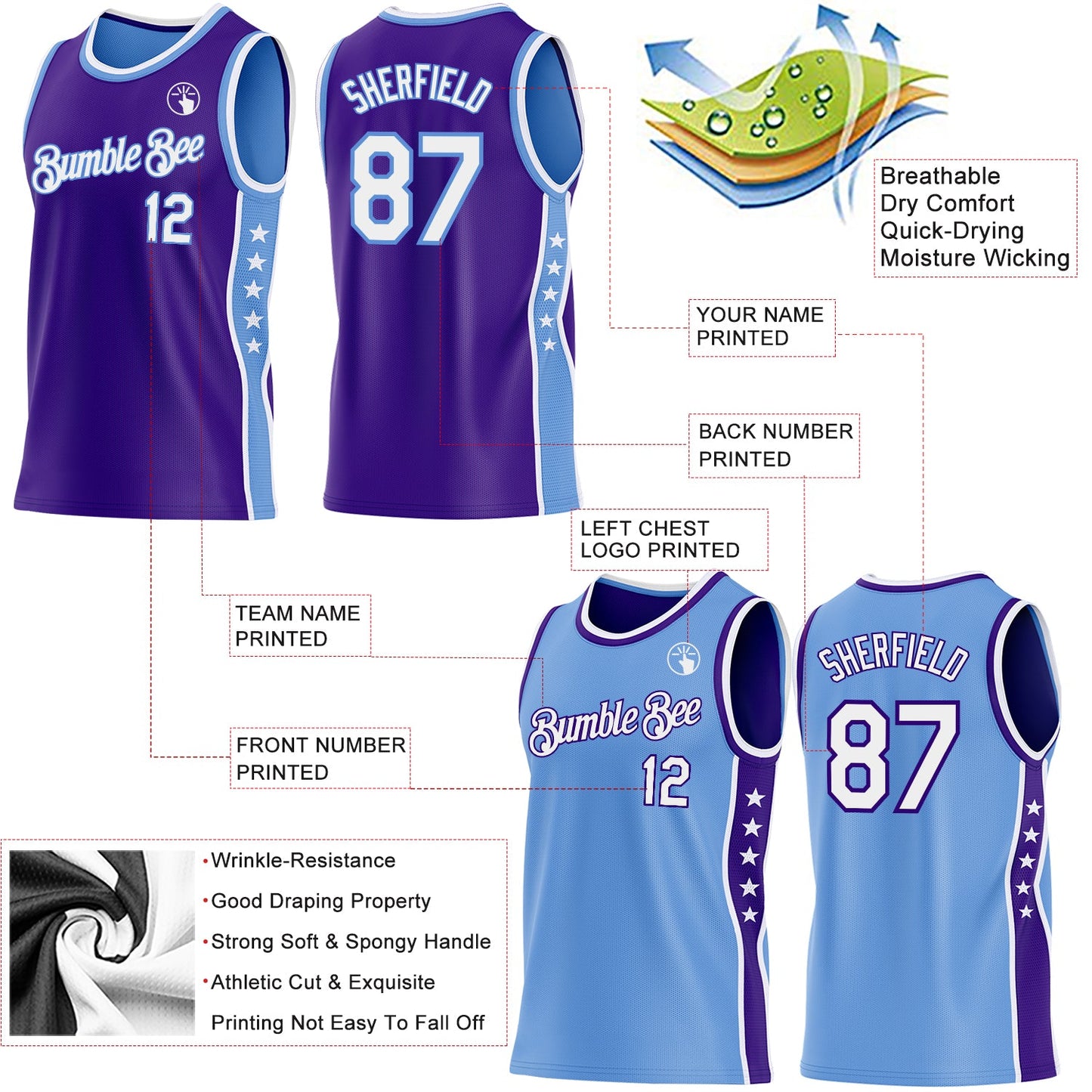 Custom Reversible Purple White-Lakes Blue Double Side Star Sublimation Basketball Set Jersey view 5