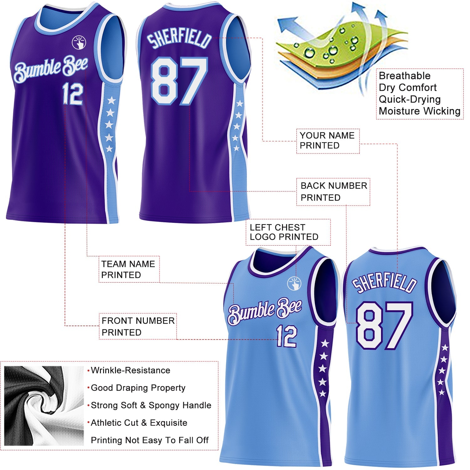 Custom Reversible Purple White-Lakes Blue Double Side Star Sublimation Basketball Set Jersey view 5