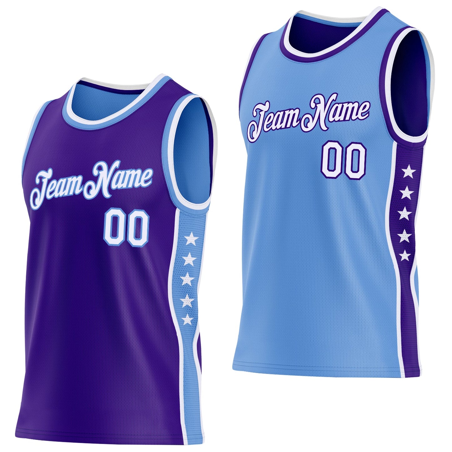 Custom Reversible Purple White-Lakes Blue Double Side Star Sublimation Basketball Set Jersey - Main View