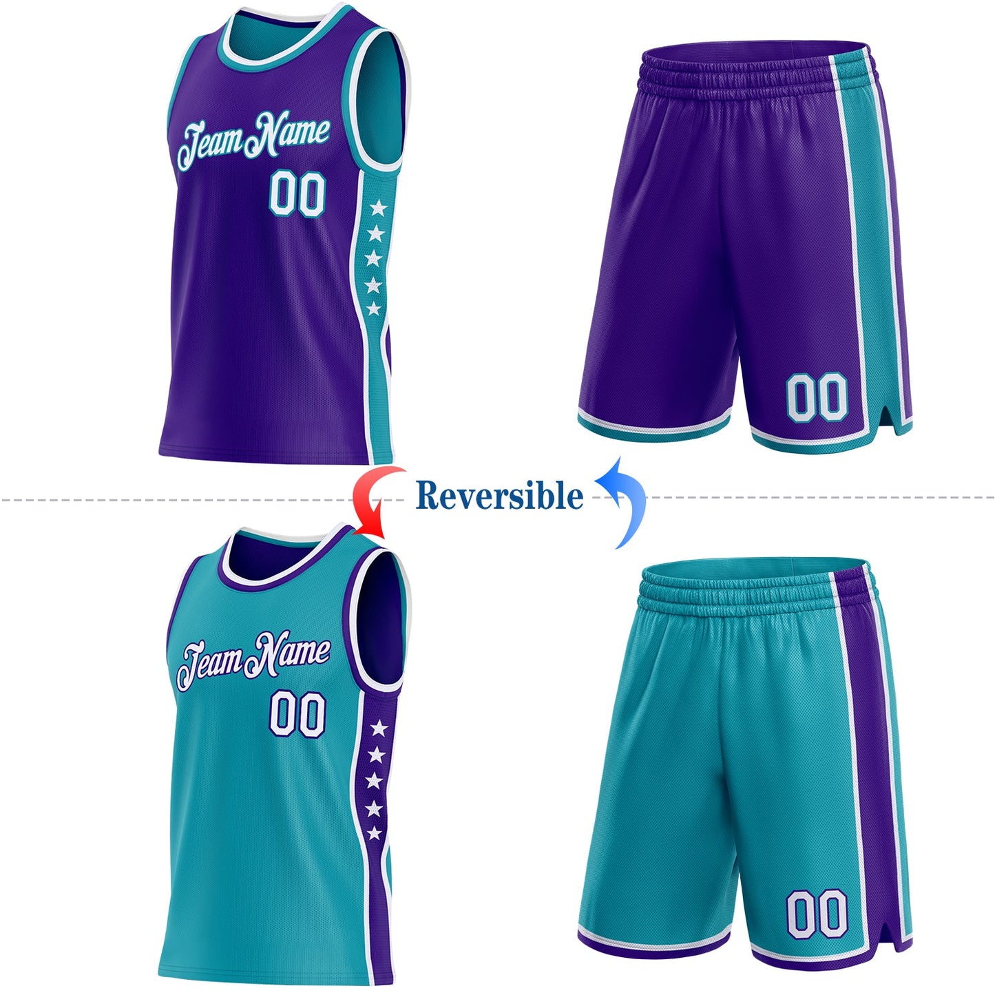 Custom Reversible Purple White-Teal Double Side Star Sublimation Basketball Set Jersey view 2