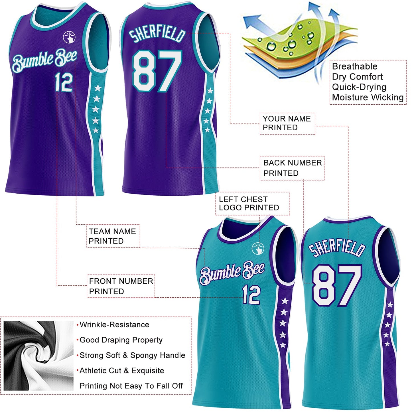 Custom Reversible Purple White-Teal Double Side Star Sublimation Basketball Set Jersey view 5