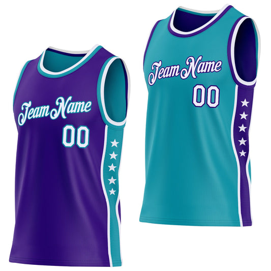 Custom Reversible Purple White-Teal Double Side Star Sublimation Basketball Set Jersey - Main View