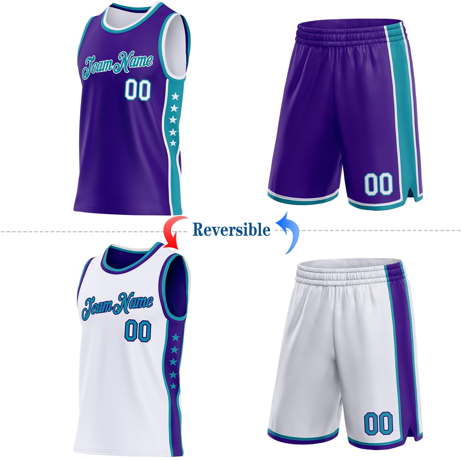 Custom Reversible Purple White-Teal Double Side Star Sublimation Basketball Set Jersey view 2