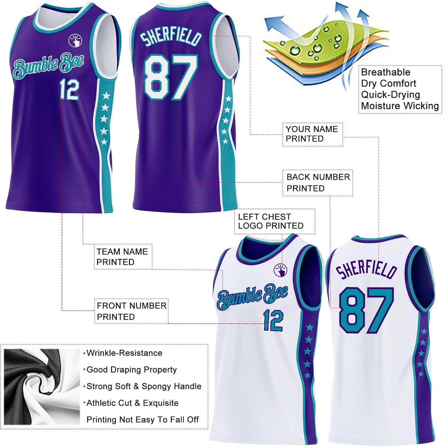 Custom Reversible Purple White-Teal Double Side Star Sublimation Basketball Set Jersey view 5