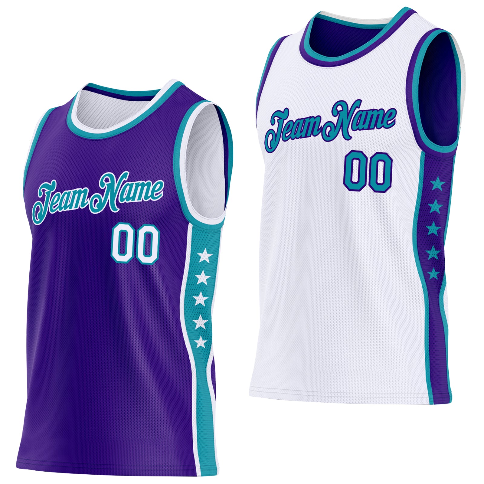 Custom Reversible Purple White-Teal Double Side Star Sublimation Basketball Set Jersey - Main View