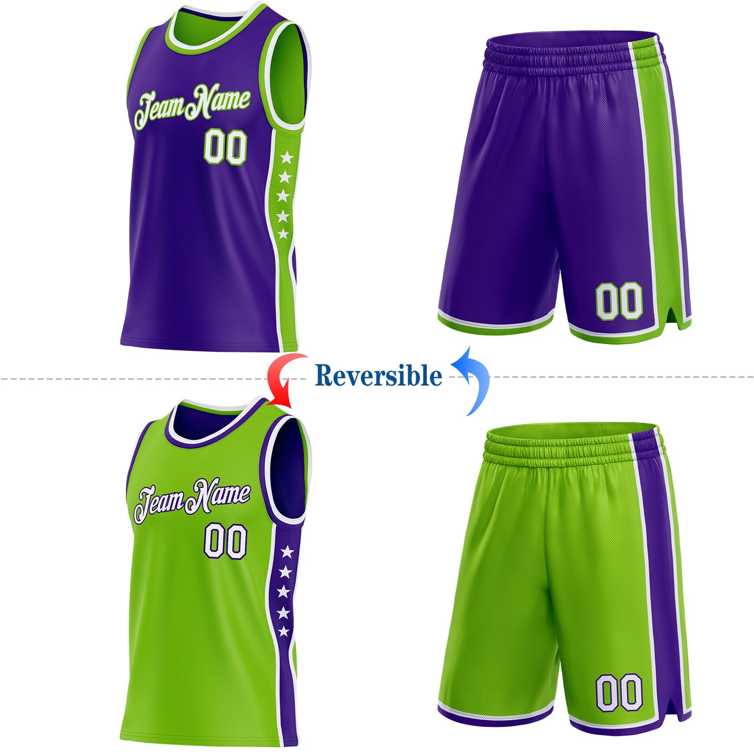 Custom Reversible Purple White-Neon Green Double Side Star Sublimation Basketball Set Jersey view 2