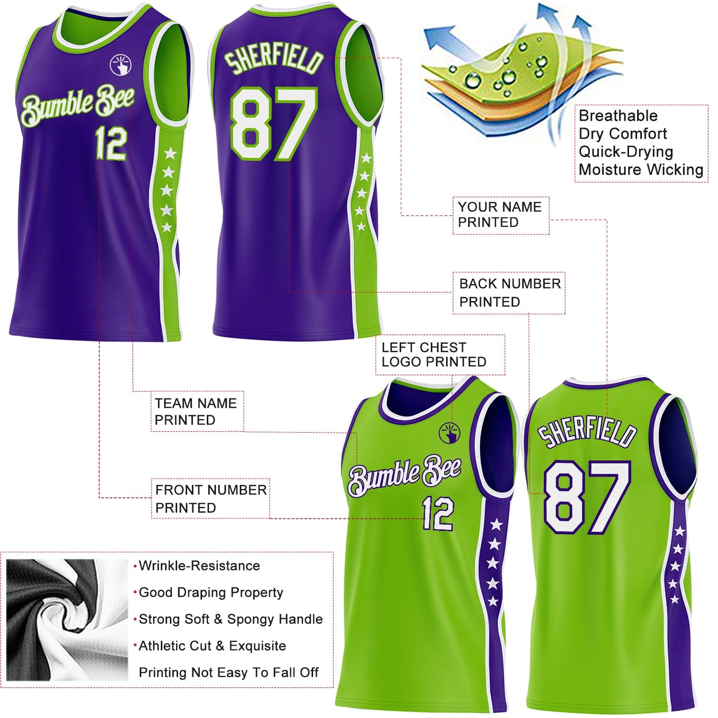 Custom Reversible Purple White-Neon Green Double Side Star Sublimation Basketball Set Jersey view 5
