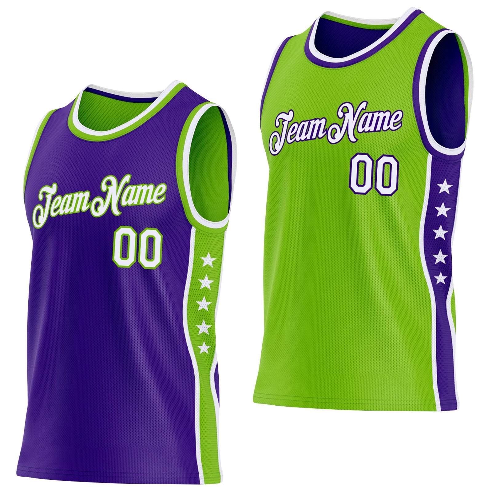 Custom Reversible Purple White-Neon Green Double Side Star Sublimation Basketball Set Jersey - Main View