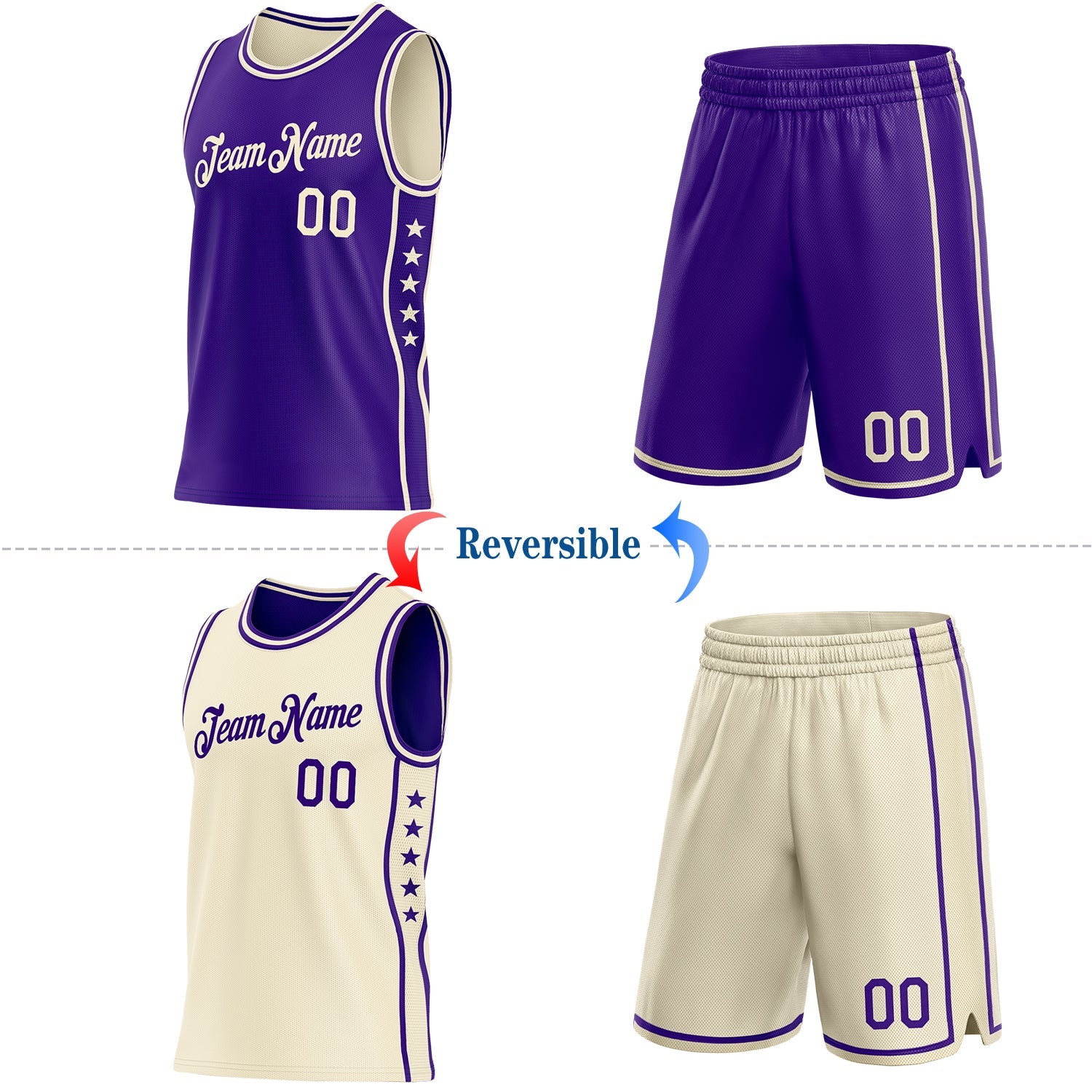 Custom Reversible Purple Cream Double Side Star Sublimation Basketball Set Jersey view 2