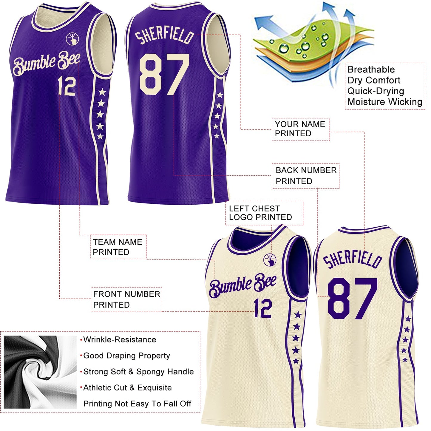 Custom Reversible Purple Cream Double Side Star Sublimation Basketball Set Jersey view 5