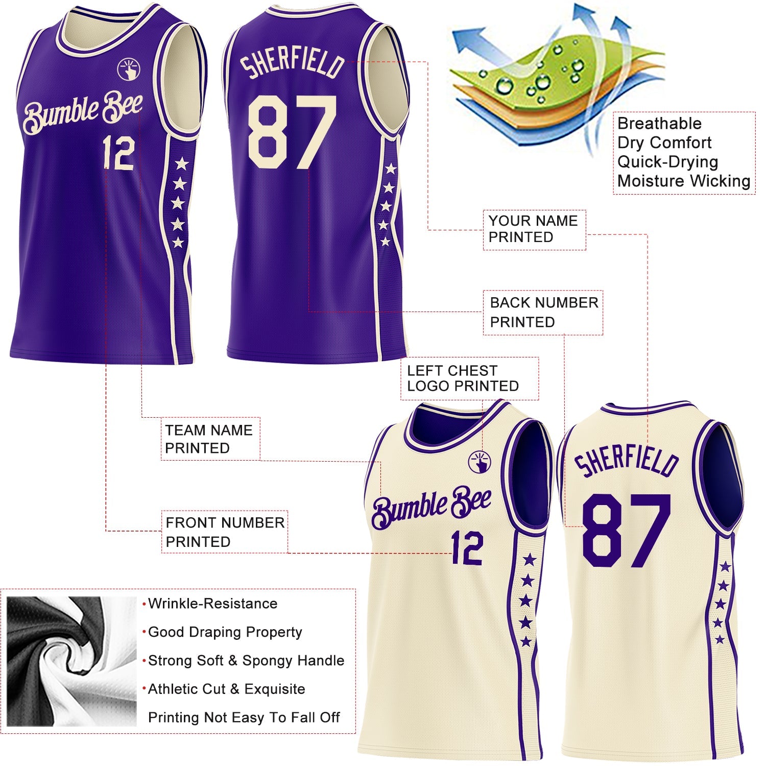 Custom Reversible Purple Cream Double Side Star Sublimation Basketball Set Jersey view 5