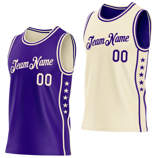 Custom Reversible Purple Cream Double Side Star Sublimation Basketball Set Jersey - Main View