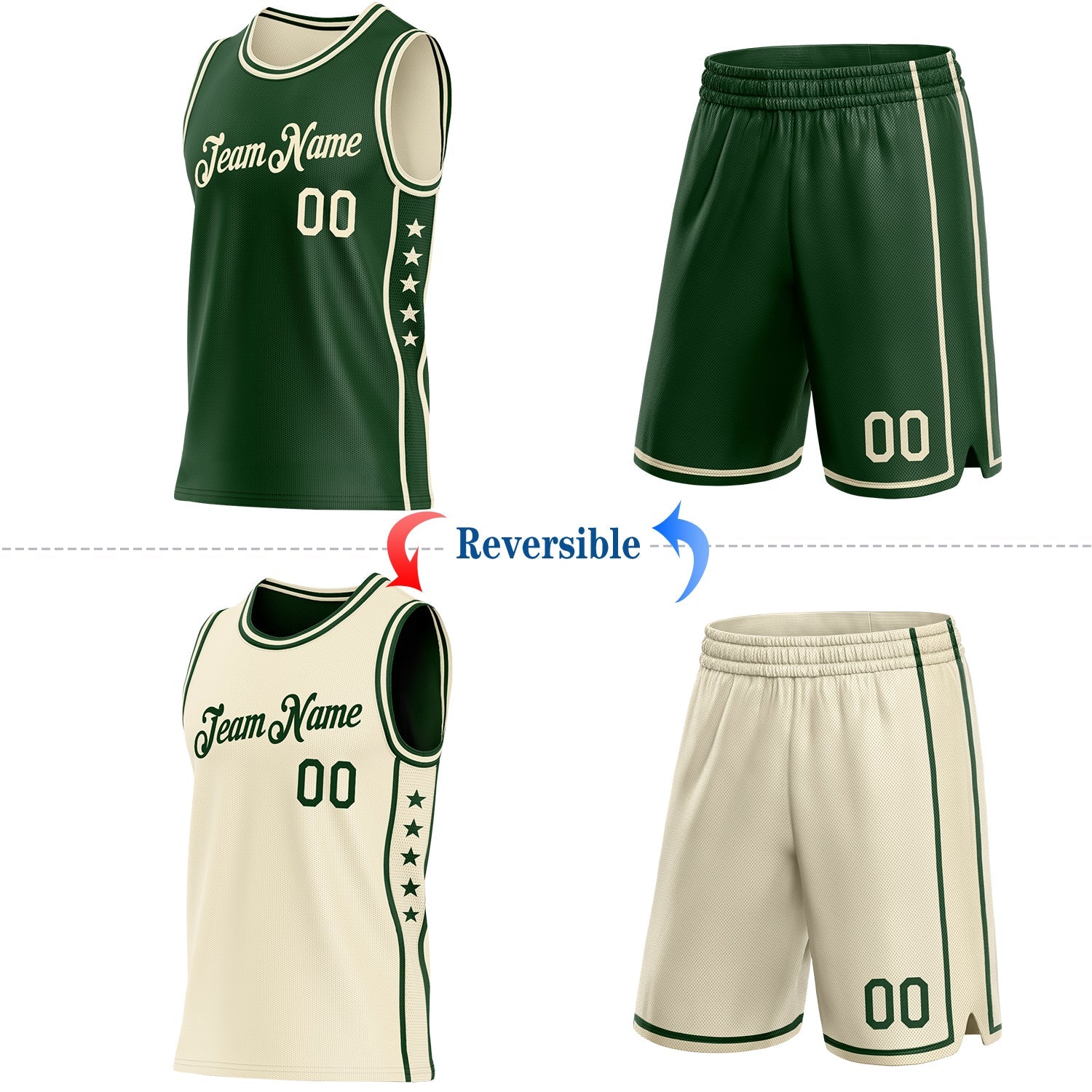 Custom Reversible Green Cream Double Side Star Sublimation Basketball Set Jersey view 2