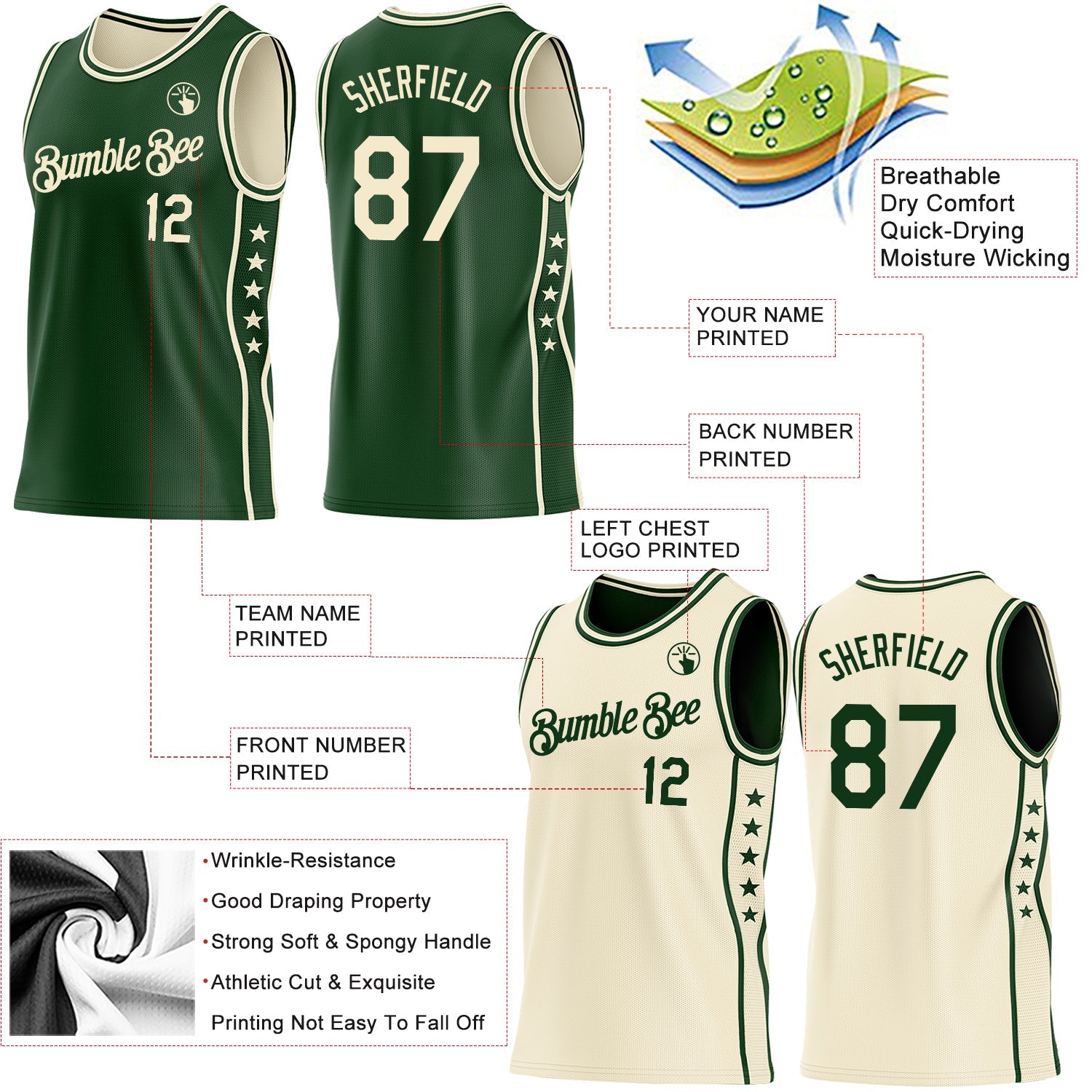 Custom Reversible Green Cream Double Side Star Sublimation Basketball Set Jersey view 5