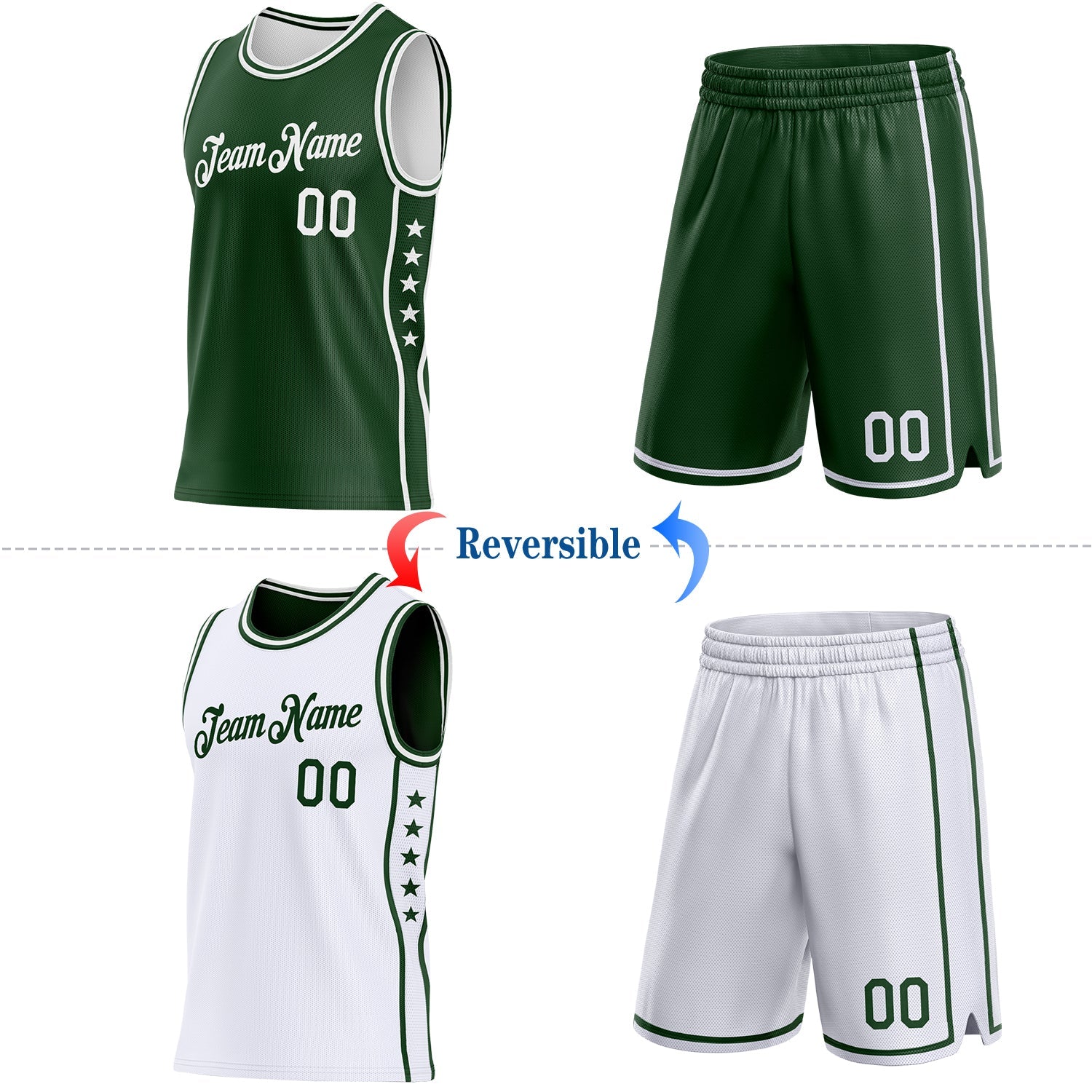 Custom Reversible Green White Double Side Star Sublimation Basketball Set Jersey view 2