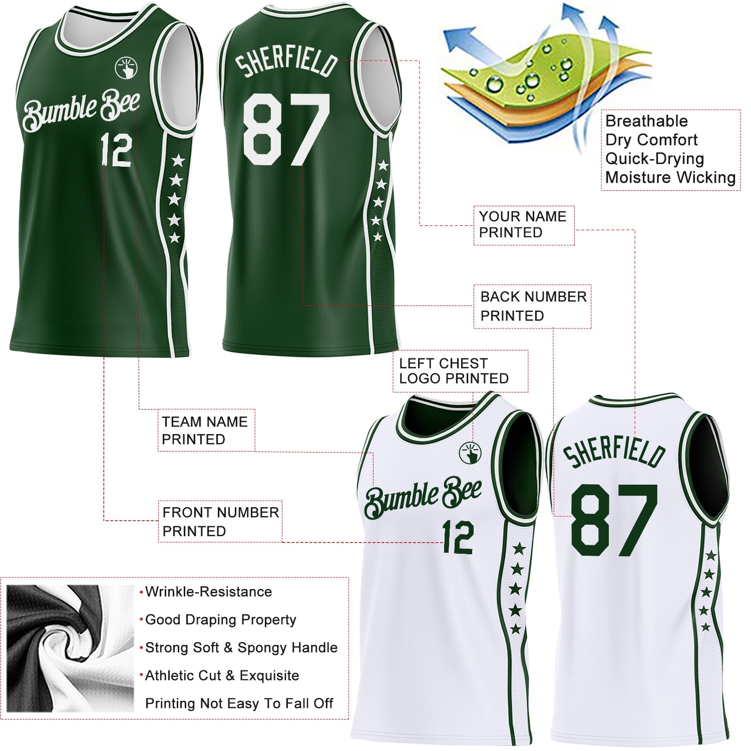 Custom Reversible Green White Double Side Star Sublimation Basketball Set Jersey view 5