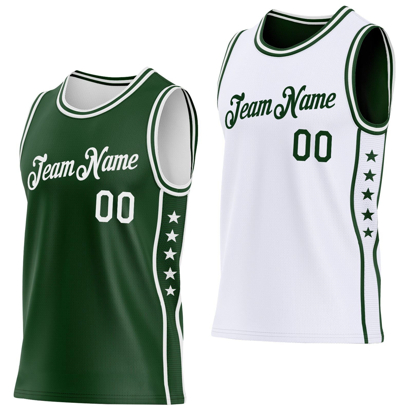 Custom Reversible Green White Double Side Star Sublimation Basketball Set Jersey - Main View