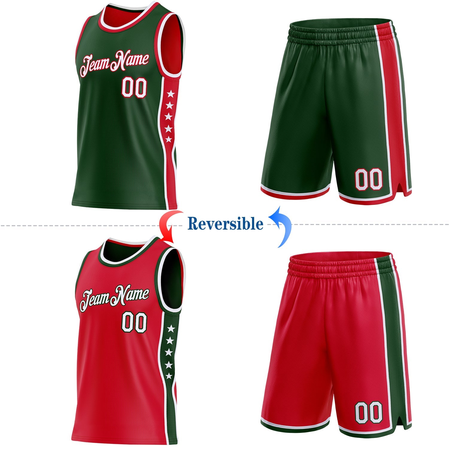 Custom Reversible Green White-Red Double Side Star Sublimation Basketball Set Jersey view 2