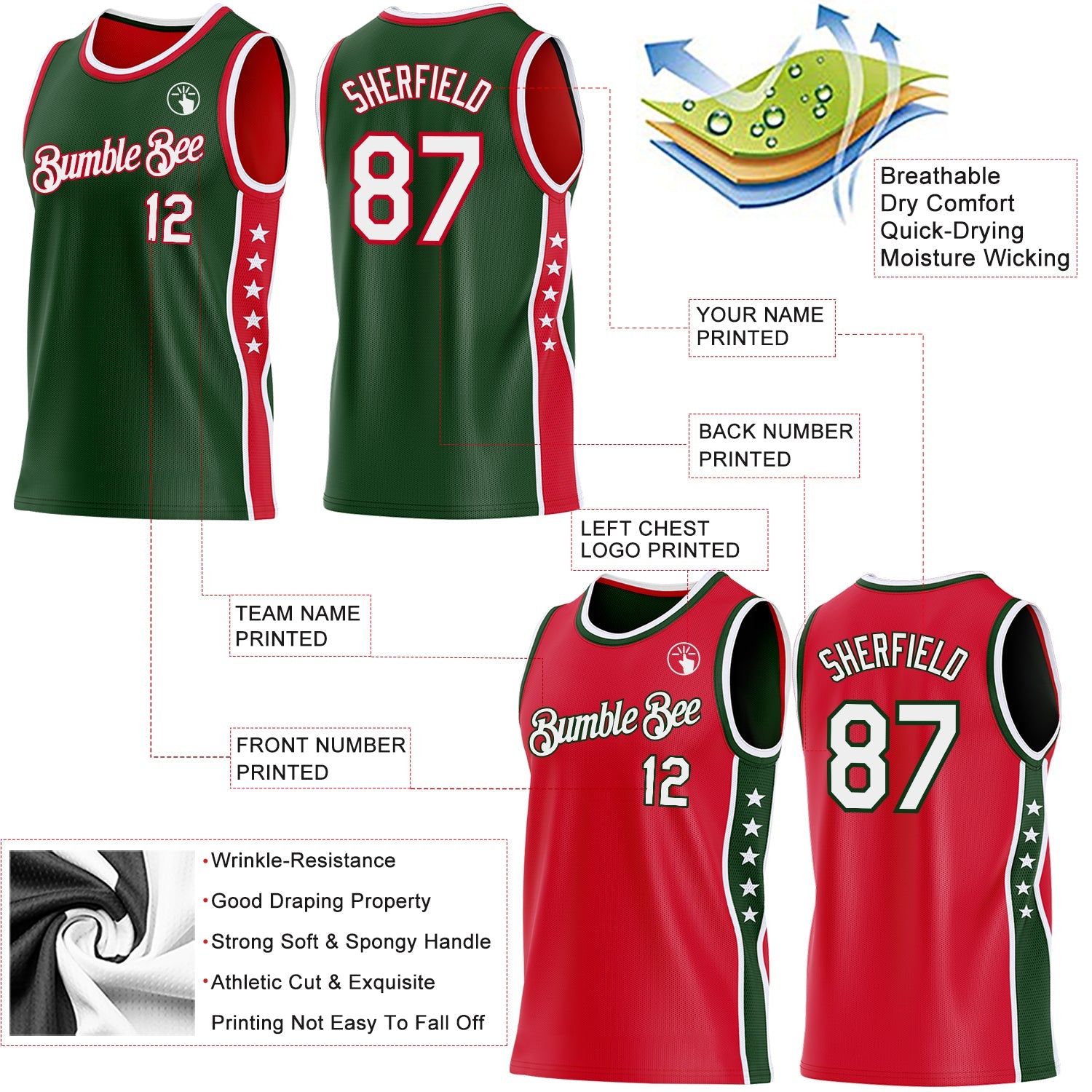 Custom Reversible Green White-Red Double Side Star Sublimation Basketball Set Jersey view 5