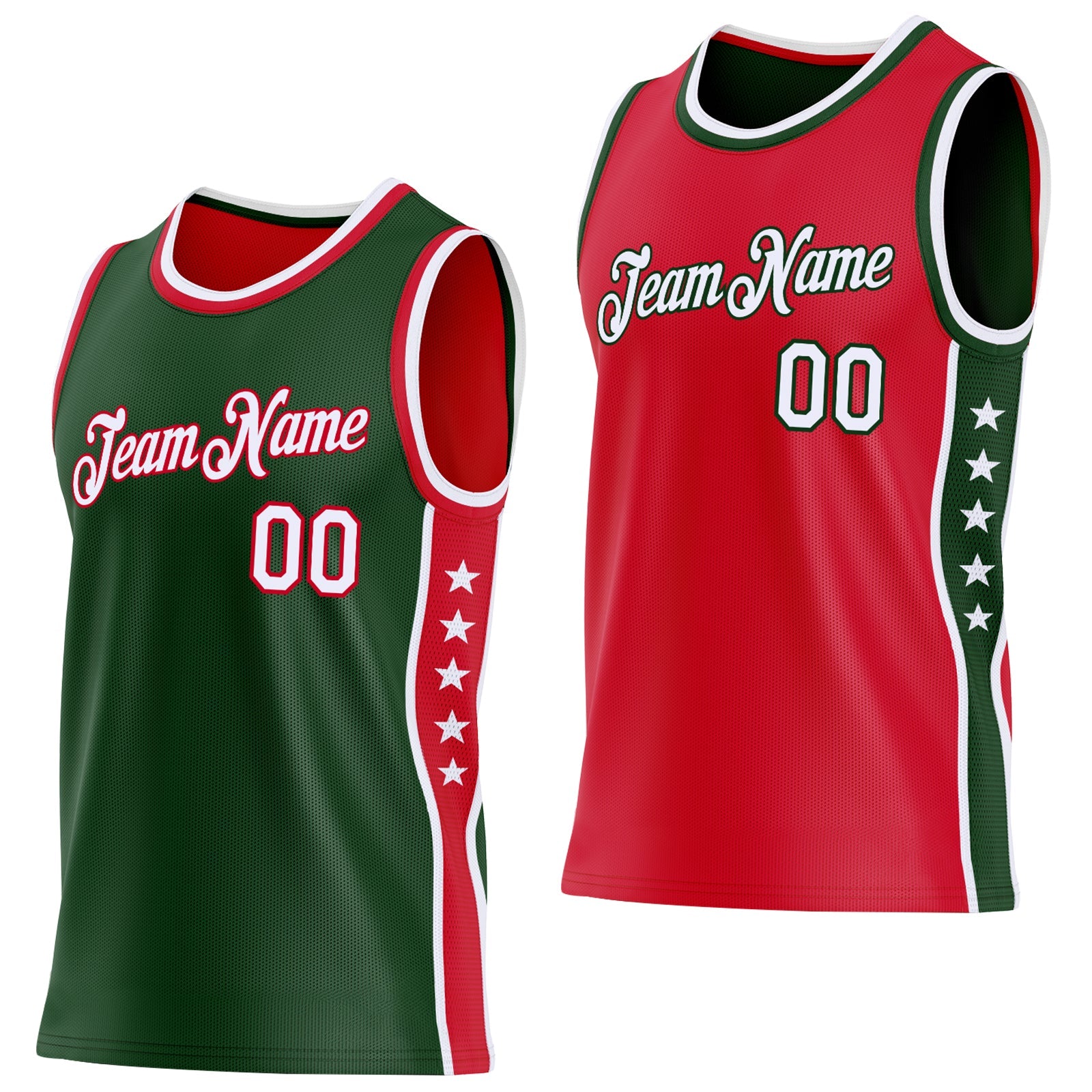Custom Reversible Green White-Red Double Side Star Sublimation Basketball Set Jersey - Main View