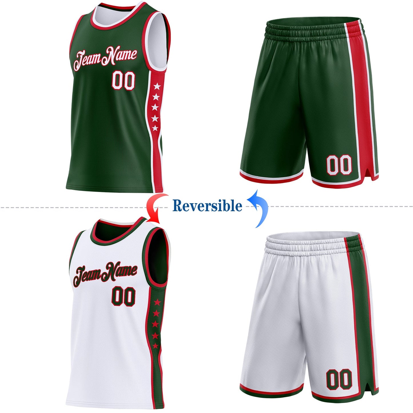 Custom Reversible Green White-Red Double Side Star Sublimation Basketball Set Jersey view 2