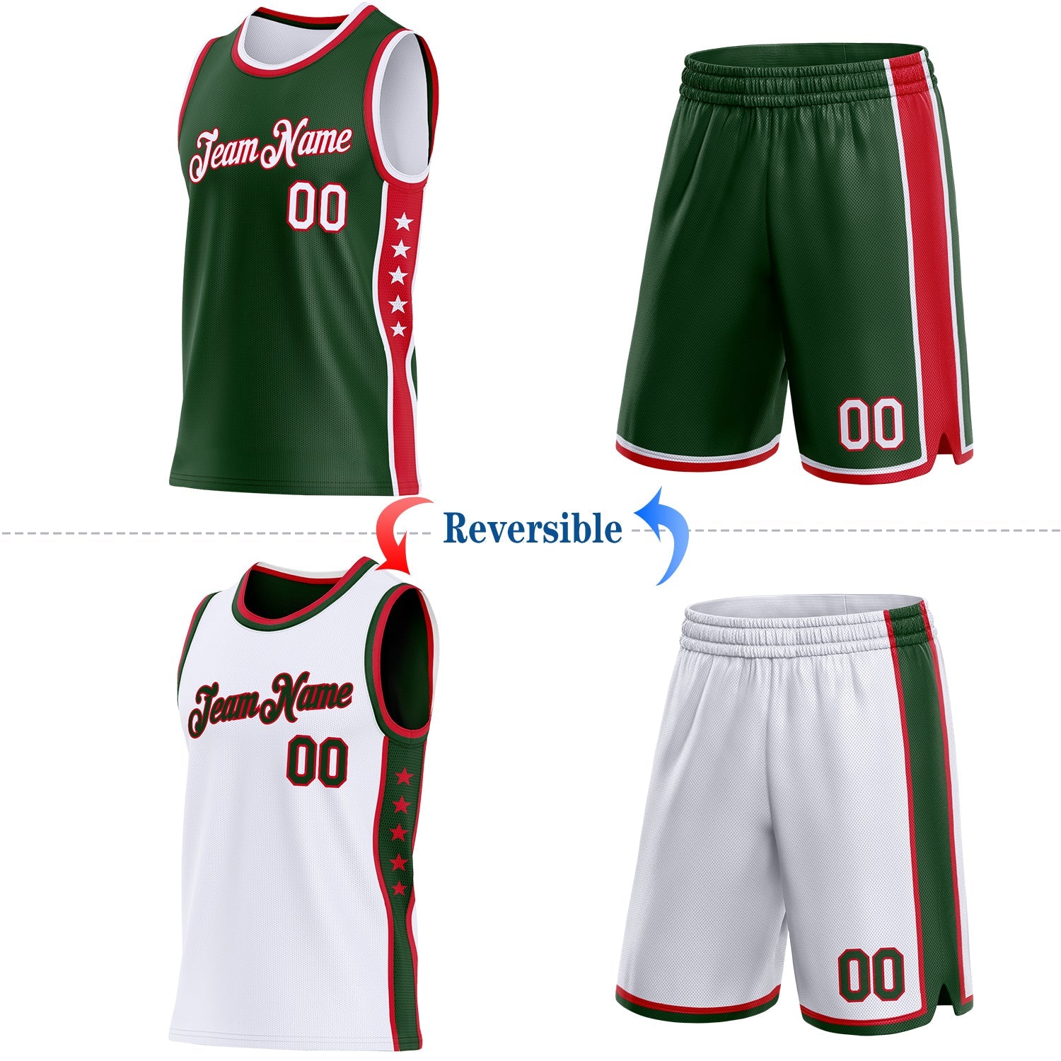 Custom Reversible Green White-Red Double Side Star Sublimation Basketball Set Jersey view 2