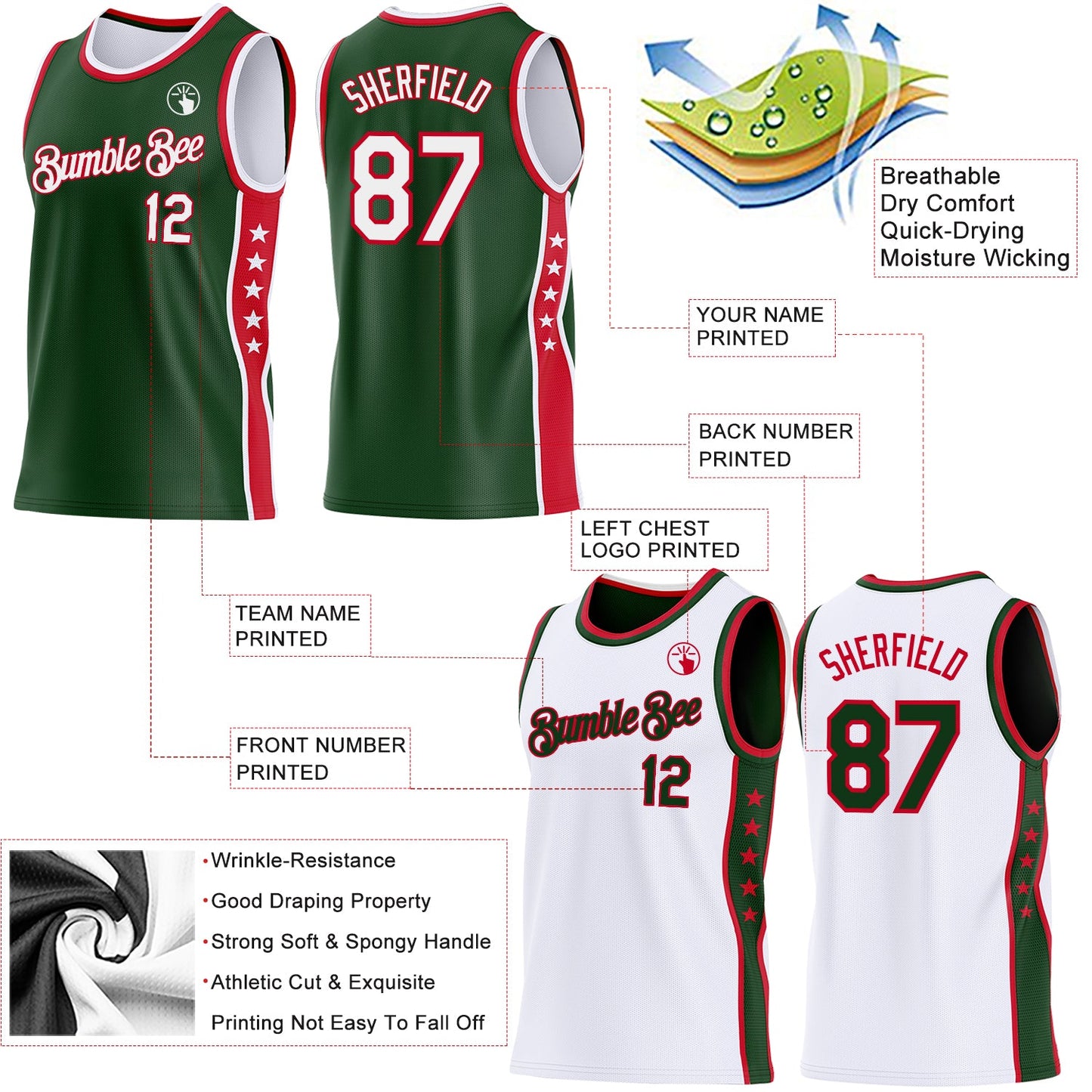 Custom Reversible Green White-Red Double Side Star Sublimation Basketball Set Jersey view 5