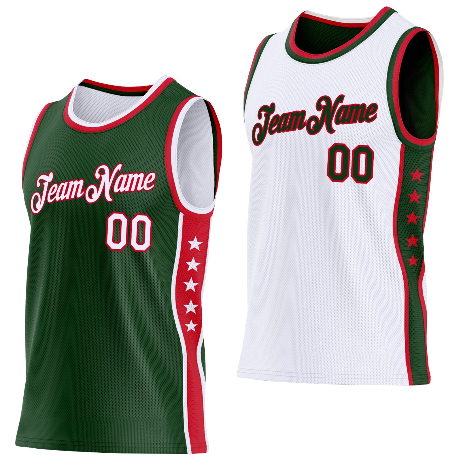 Custom Reversible Green White-Red Double Side Star Sublimation Basketball Set Jersey - Main View