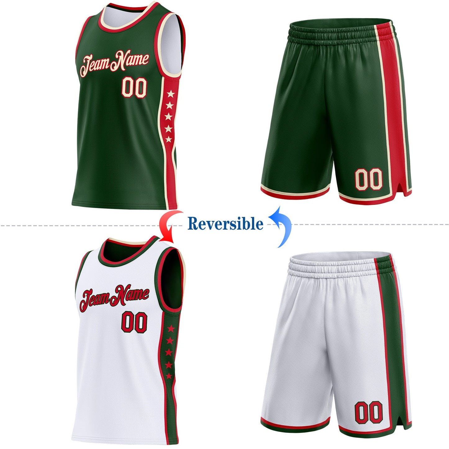 Custom Reversible Green Cream-Red Double Side Star Sublimation Basketball Set Jersey view 2
